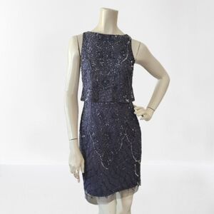 Aidan Mattox Dress Womens 0 Silver Gray Sleeveless Beaded Cocktail